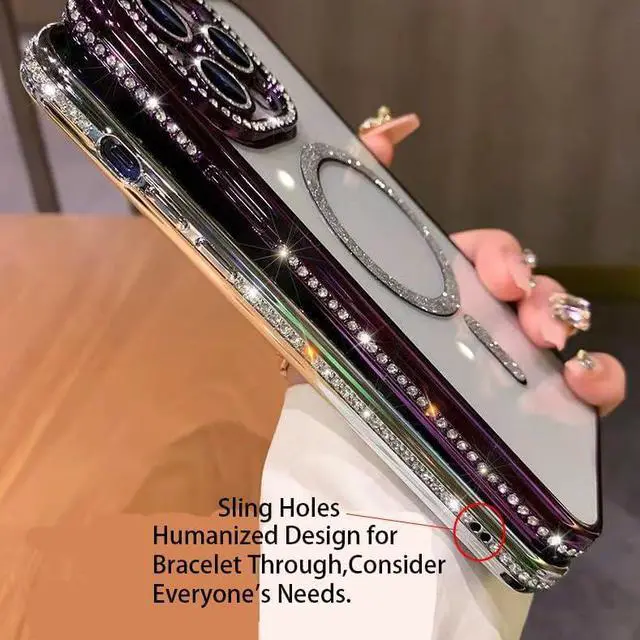 Alt view image 5 of 6 - Magnetic Glitter Diamond for iPhone 16 Pro Max Case[Compatible with MagSafe] Glitter Rhinestone Diamond Camera Lens Protector Plated Clear Slim Military Drop Shockproof Cover for Women Pink