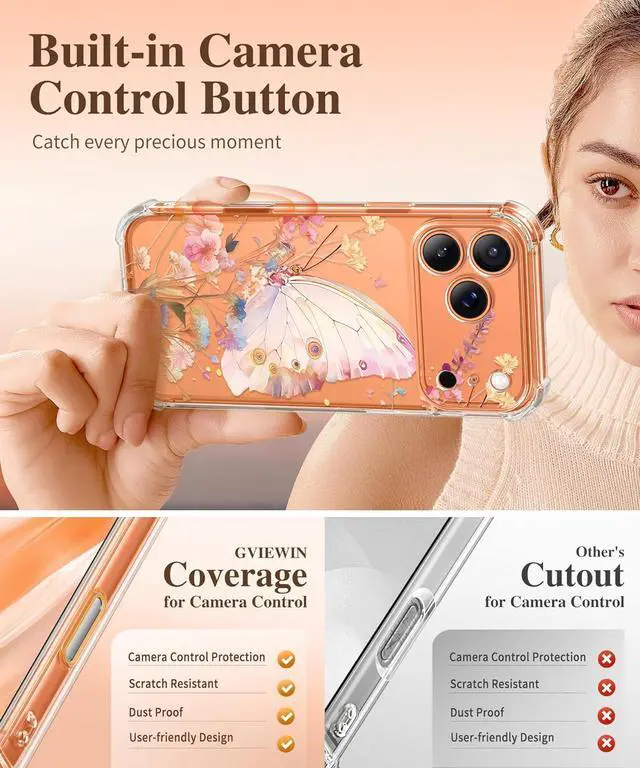 Alt view image 5 of 7 - for iPhone 17 Pro Max Case [Upgraded Full Camera Protection][Not Yellowing][Screen Protector] Shockproof Protective Clear Floral Phone Case for iPhone 17 Pro Max 6.9 (Magic Butterfly)