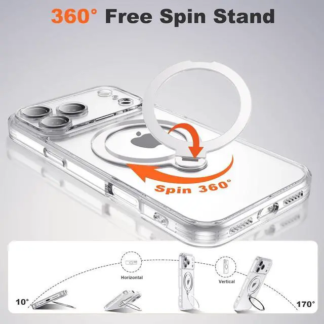 Alt view image 2 of 7 - Compatible with iPhone 17 Pro Case with 360° Spin Magnetic Ring Stand [Compatible with Mag-Safe] Full Camera Lens Protector Plating Clear Phone Case for iPhone 17 Pro 6.3 Clear