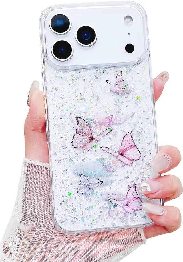 Main image of Compatible iPhone 17 Pro Max Case Clear Butterfly Women Girls Flexible TPU Stars Sparkle Glitter Anti-Scratch Shockproof Protective Phone Cover for iPhone 17 Pro Max (Pink Butterfly)