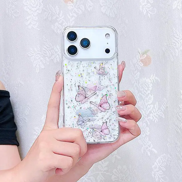 Alt view image 2 of 6 - Compatible iPhone 17 Pro Max Case Clear Butterfly Women Girls Flexible TPU Stars Sparkle Glitter Anti-Scratch Shockproof Protective Phone Cover for iPhone 17 Pro Max (Pink Butterfly)