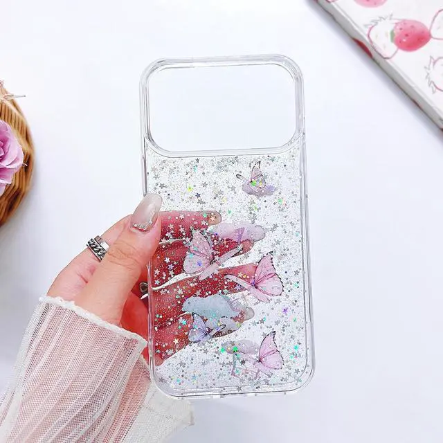 Alt view image 3 of 6 - Compatible iPhone 17 Pro Max Case Clear Butterfly Women Girls Flexible TPU Stars Sparkle Glitter Anti-Scratch Shockproof Protective Phone Cover for iPhone 17 Pro Max (Pink Butterfly)