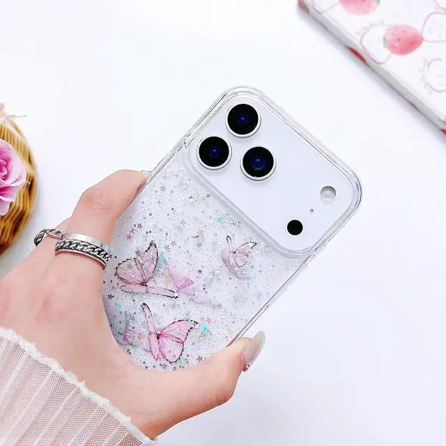 Alt view image 4 of 6 - Compatible iPhone 17 Pro Max Case Clear Butterfly Women Girls Flexible TPU Stars Sparkle Glitter Anti-Scratch Shockproof Protective Phone Cover for iPhone 17 Pro Max (Pink Butterfly)