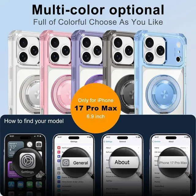 Alt view image 2 of 6 - Clear Case for iPhone 17 Pro Max Case with Stand [ Compatible with MagSafe ] Military Grade Heavy Duty Cover with Magnetic 360 Rotatable Ring Kickstand for Women Men Transparent