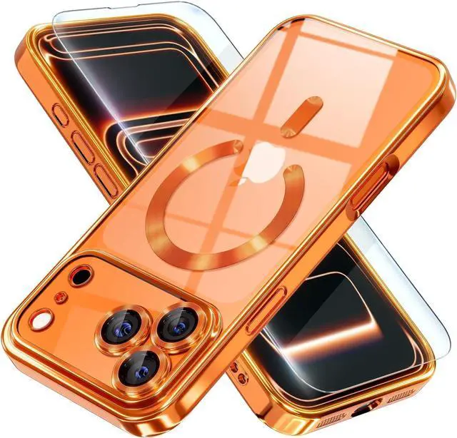 Main image of Magnetic for iPhone 17 Pro Max Case Compatible with MagSafe [Never Yellowing] [Military Grade Drop Protection] Full Camera Lens Protector Plating Soft Clear Phone Case for Women Orange
