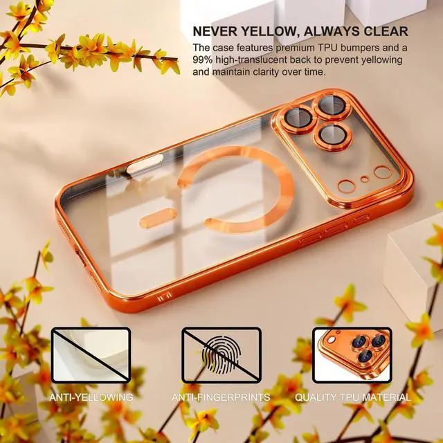 Alt view image 3 of 7 - Magnetic for iPhone 17 Pro Max Case Compatible with MagSafe [Never Yellowing] [Military Grade Drop Protection] Full Camera Lens Protector Plating Soft Clear Phone Case for Women Orange