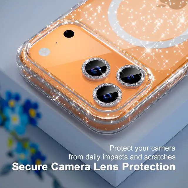 Alt view image 2 of 5 - Magnetic for iPhone 17 Pro Max Case Compatible with MagSafe Women Cute Glitter Sparkly Phone Case with Diamond Camera Lens Protectors Military-Grade Drop Protection 6.9 (Clear)