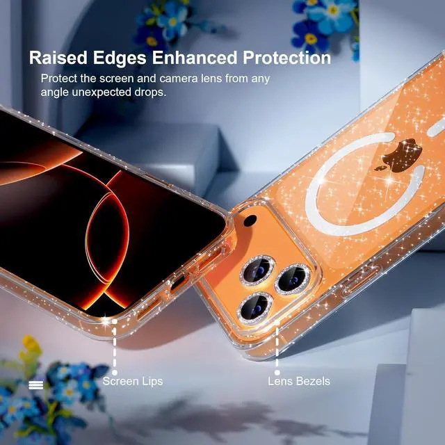 Alt view image 3 of 5 - Magnetic for iPhone 17 Pro Max Case Compatible with MagSafe Women Cute Glitter Sparkly Phone Case with Diamond Camera Lens Protectors Military-Grade Drop Protection 6.9 (Clear)