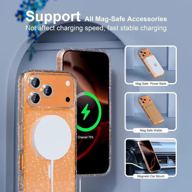 Alt view image 5 of 5 - Magnetic for iPhone 17 Pro Max Case Compatible with MagSafe Women Cute Glitter Sparkly Phone Case with Diamond Camera Lens Protectors Military-Grade Drop Protection 6.9 (Clear)