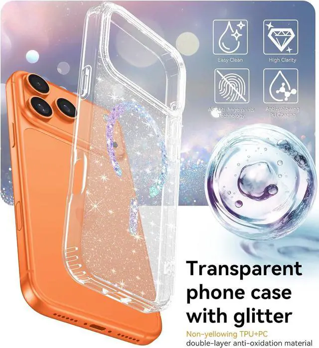 Alt view image 5 of 7 - for iPhone 17 Pro Max Case Magnetic[Compatible with MagSafe] Clear Glitter Anti-Yellowing Bling Sparkle Cover Transparent Protective Phone Case for iPhone 17 Pro Max 6.9 Clear/Glitter