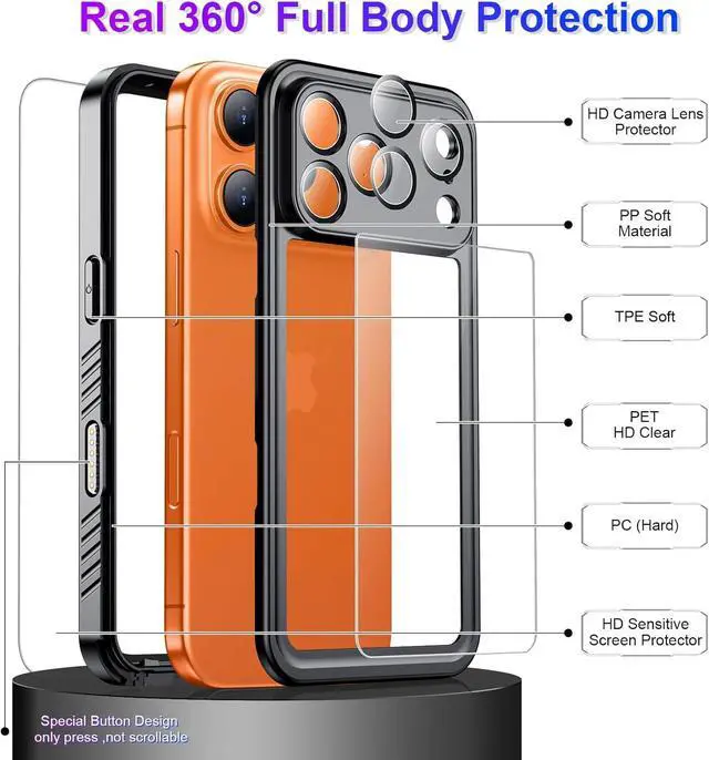 Alt view image 4 of 7 - Compatible with iPhone 17 Pro Max Case Waterproof Built-in Screen & Camera Protector IP68 Underwater Full Body 17FT Military Dropproof Shockproof Phone Case 6.9-Black/Clear