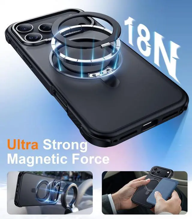 Alt view image 4 of 7 - Designed for iPhone 17 Pro Max Case [with 360°Rotatable Invisible Magnetic O-Ring Stand][Military Grade Shockproof][Compatible with MagSafe] Anti-Slip Translucent Matte Phone Case 6.9 2025