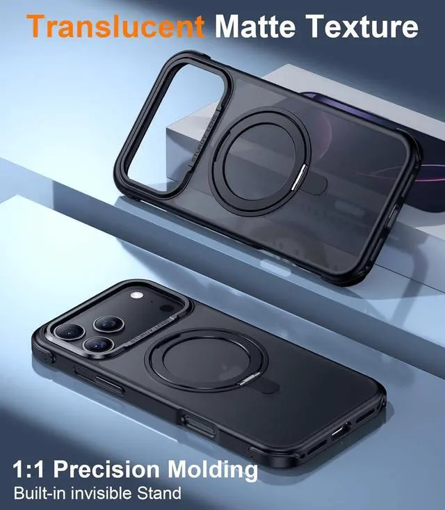 Alt view image 5 of 7 - Designed for iPhone 17 Pro Max Case [with 360°Rotatable Invisible Magnetic O-Ring Stand][Military Grade Shockproof][Compatible with MagSafe] Anti-Slip Translucent Matte Phone Case 6.9 2025