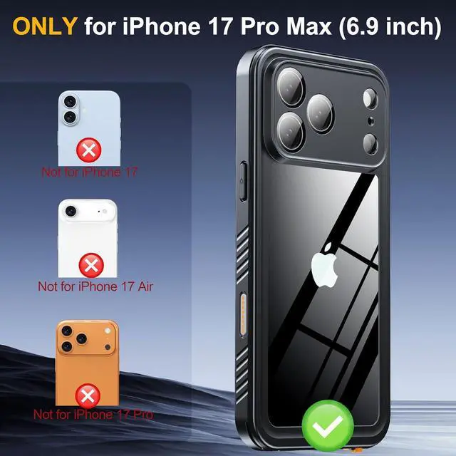 Alt view image 2 of 7 - for iPhone 17 Pro Max Case IP68 Waterproof Shockproof Case [Built-in Screen Protector] - 12 FT Military Dropproof - Full Body Heavy Duty Rugged Phone Cover 6.9 inches - Black/Clear