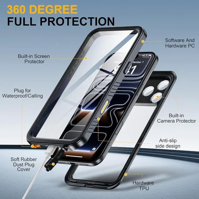 Alt view image 7 of 7 - for iPhone 17 Pro Max Case IP68 Waterproof Shockproof Case [Built-in Screen Protector] - 12 FT Military Dropproof - Full Body Heavy Duty Rugged Phone Cover 6.9 inches - Black/Clear
