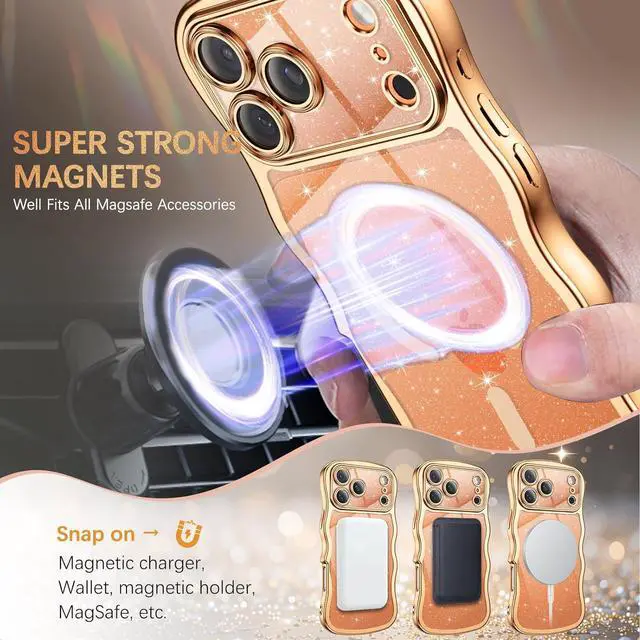 Alt view image 2 of 7 - Clear Glitter for iPhone 17 Pro Max Case 2025 [Compatible with MagSafe] Cute Curly Wavy Plated Anti-Slip Magnetic Hard Back Women Men Phone Cases Cover for 17 Pro Max 6.9 Desert Titanium