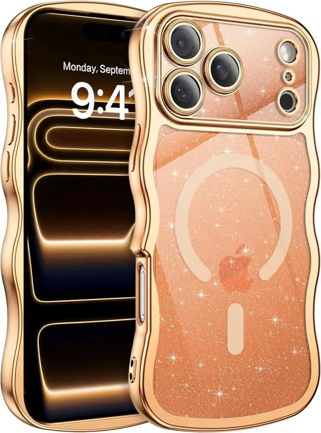 Main image of Clear Glitter for iPhone 17 Pro Max Case 2025 [Compatible with MagSafe] Cute Curly Wavy Plated Anti-Slip Magnetic Hard Back Women Men Phone Cases Cover for 17 Pro Max 6.9 Desert Titanium