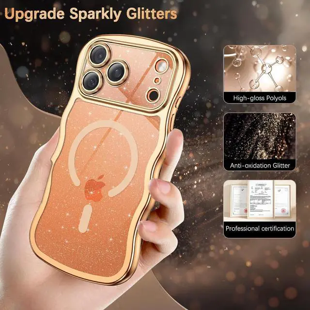 Alt view image 3 of 7 - Clear Glitter for iPhone 17 Pro Max Case 2025 [Compatible with MagSafe] Cute Curly Wavy Plated Anti-Slip Magnetic Hard Back Women Men Phone Cases Cover for 17 Pro Max 6.9 Desert Titanium
