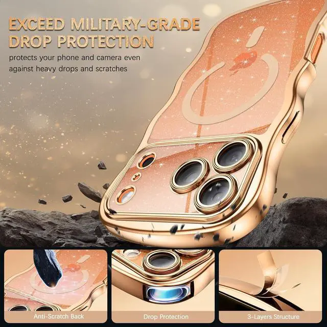 Alt view image 4 of 7 - Clear Glitter for iPhone 17 Pro Max Case 2025 [Compatible with MagSafe] Cute Curly Wavy Plated Anti-Slip Magnetic Hard Back Women Men Phone Cases Cover for 17 Pro Max 6.9 Desert Titanium