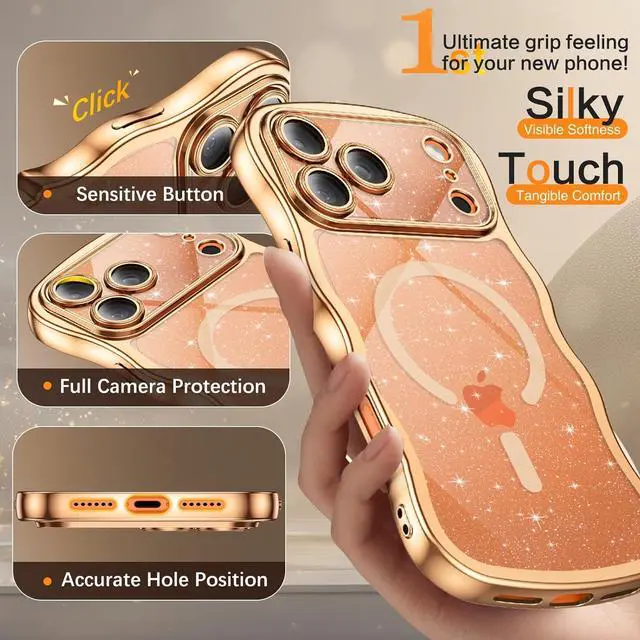Alt view image 6 of 7 - Clear Glitter for iPhone 17 Pro Max Case 2025 [Compatible with MagSafe] Cute Curly Wavy Plated Anti-Slip Magnetic Hard Back Women Men Phone Cases Cover for 17 Pro Max 6.9 Desert Titanium