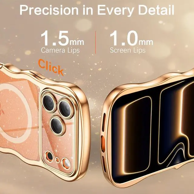 Alt view image 5 of 7 - Clear Glitter for iPhone 17 Pro Max Case 2025 [Compatible with MagSafe] Cute Curly Wavy Plated Anti-Slip Magnetic Hard Back Women Men Phone Cases Cover for 17 Pro Max 6.9 Desert Titanium