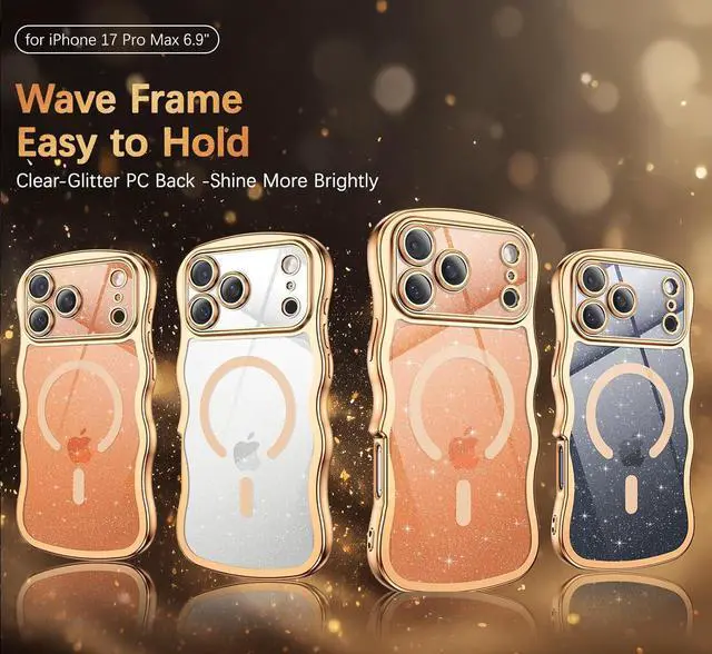 Alt view image 7 of 7 - Clear Glitter for iPhone 17 Pro Max Case 2025 [Compatible with MagSafe] Cute Curly Wavy Plated Anti-Slip Magnetic Hard Back Women Men Phone Cases Cover for 17 Pro Max 6.9 Desert Titanium