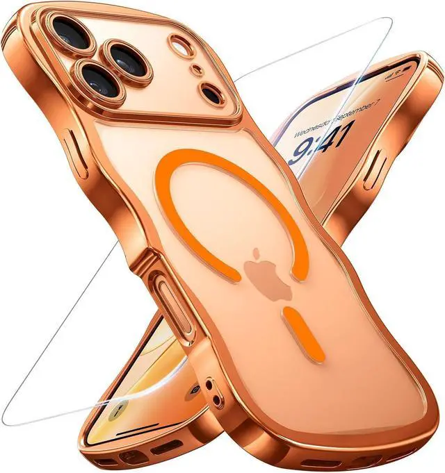 Main image of for iPhone 17 Pro Max Case: Cute Wavy Magnetic Phone Cover for Women Girls Fit for MagSafe Military Drop Protection Camera Protective Anti-Yellowing Plating Clear Hard PC 6.9 Orange