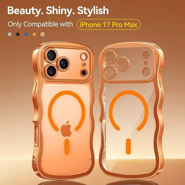 Alt view image 2 of 7 - for iPhone 17 Pro Max Case: Cute Wavy Magnetic Phone Cover for Women Girls Fit for MagSafe Military Drop Protection Camera Protective Anti-Yellowing Plating Clear Hard PC 6.9 Orange