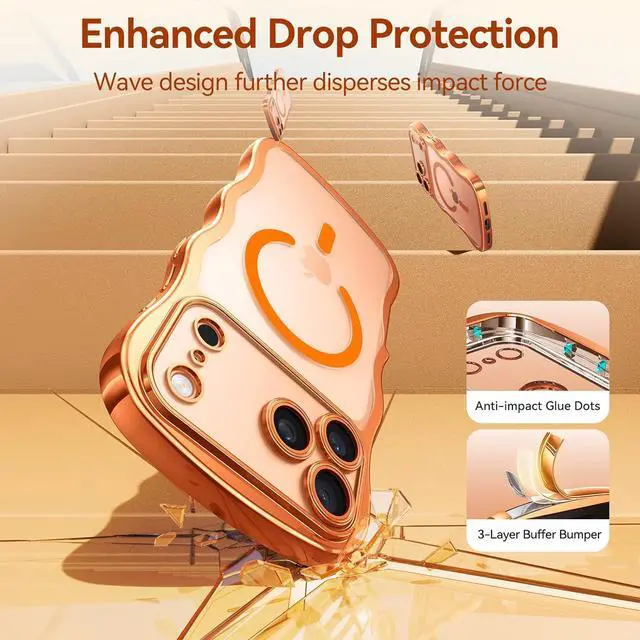 Alt view image 5 of 7 - for iPhone 17 Pro Max Case: Cute Wavy Magnetic Phone Cover for Women Girls Fit for MagSafe Military Drop Protection Camera Protective Anti-Yellowing Plating Clear Hard PC 6.9 Orange