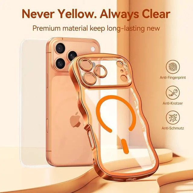 Alt view image 7 of 7 - for iPhone 17 Pro Max Case: Cute Wavy Magnetic Phone Cover for Women Girls Fit for MagSafe Military Drop Protection Camera Protective Anti-Yellowing Plating Clear Hard PC 6.9 Orange