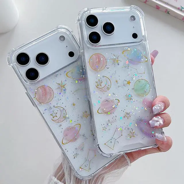 Alt view image 5 of 7 - for iPhone 17 Pro Max Clear Glitter Case Cute Bling Sparkle Planet Space Stars Moon Universe Pattern Soft TPU Silicone Shockproof Women Girls Protective Case for iPhone 17 Pro Max 6.9 Clear