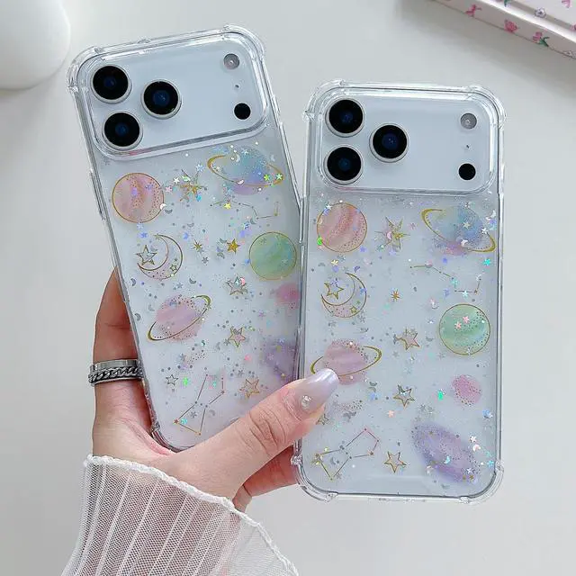 Alt view image 6 of 7 - for iPhone 17 Pro Max Clear Glitter Case Cute Bling Sparkle Planet Space Stars Moon Universe Pattern Soft TPU Silicone Shockproof Women Girls Protective Case for iPhone 17 Pro Max 6.9 Clear