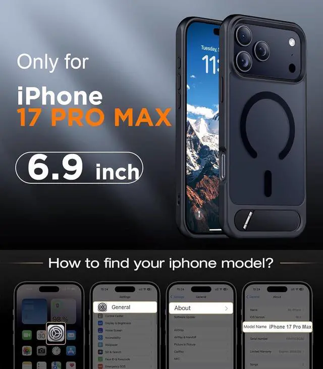 Alt view image 2 of 7 - Designed for iPhone 17 Pro Max Case [Built-in Invisible Kickstand][Compatible with MagSafe][Military Grade Shockproof] Slim Translucent Matte Phone Case for iPhone 17 Pro Max 6.9 inch (Black)