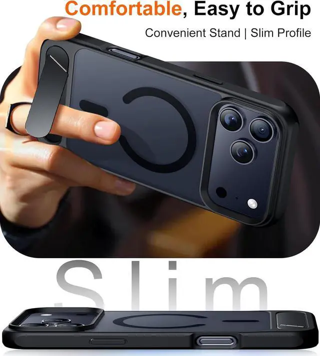 Alt view image 7 of 7 - Designed for iPhone 17 Pro Max Case [Built-in Invisible Kickstand][Compatible with MagSafe][Military Grade Shockproof] Slim Translucent Matte Phone Case for iPhone 17 Pro Max 6.9 inch (Black)