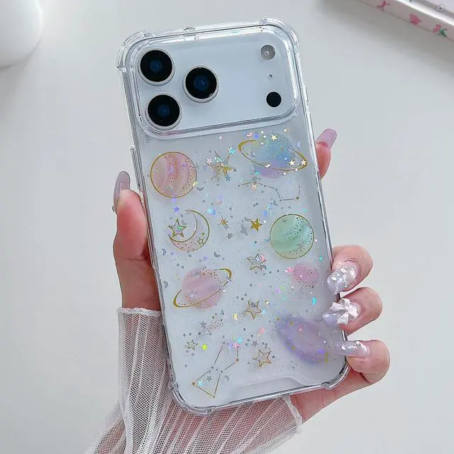 Alt view image 2 of 7 - for iPhone 17 Pro Max Clear Glitter Case Cute Bling Sparkle Planet Space Stars Moon Universe Pattern Soft TPU Silicone Shockproof Women Girls Protective Case for iPhone 17 Pro Max 6.9 Clear