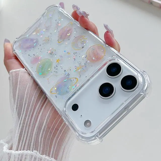 Alt view image 4 of 7 - for iPhone 17 Pro Max Clear Glitter Case Cute Bling Sparkle Planet Space Stars Moon Universe Pattern Soft TPU Silicone Shockproof Women Girls Protective Case for iPhone 17 Pro Max 6.9 Clear
