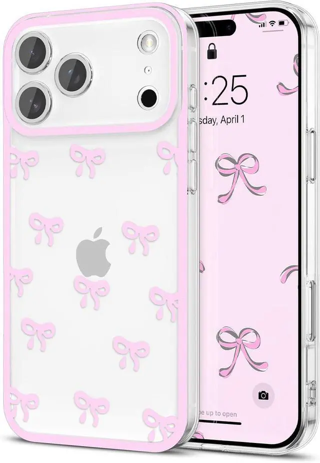 Main image of Case for iPhone 17 Pro Max Clear Cute Ribbon Bowknot Pattern Aesthetic Transparent Phone Case Raised Camera Protection Stylish Slim Soft Durable TPU Protective Cover for Women Girls - Pink