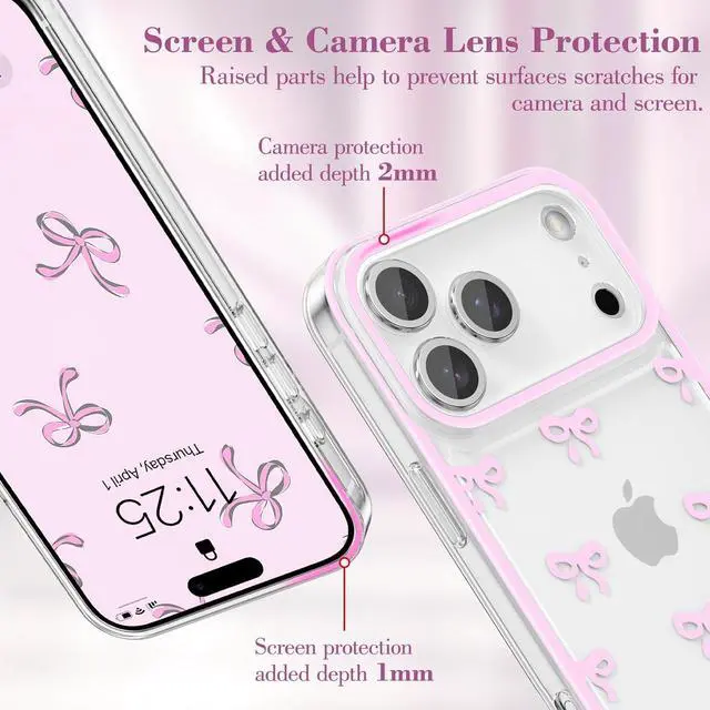 Alt view image 2 of 7 - Case for iPhone 17 Pro Max Clear Cute Ribbon Bowknot Pattern Aesthetic Transparent Phone Case Raised Camera Protection Stylish Slim Soft Durable TPU Protective Cover for Women Girls - Pink