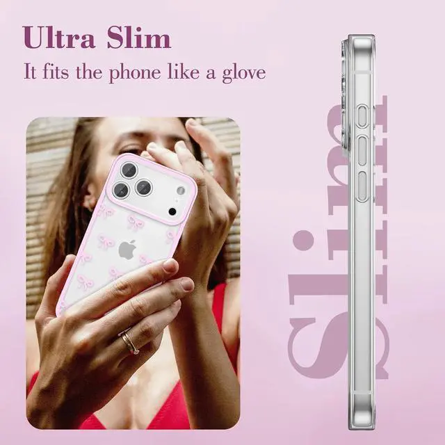 Alt view image 4 of 7 - Case for iPhone 17 Pro Max Clear Cute Ribbon Bowknot Pattern Aesthetic Transparent Phone Case Raised Camera Protection Stylish Slim Soft Durable TPU Protective Cover for Women Girls - Pink