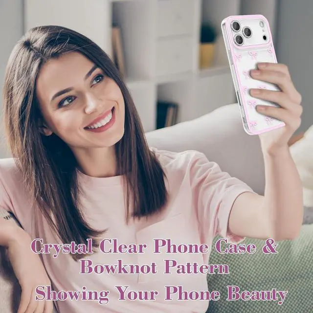 Alt view image 7 of 7 - Case for iPhone 17 Pro Max Clear Cute Ribbon Bowknot Pattern Aesthetic Transparent Phone Case Raised Camera Protection Stylish Slim Soft Durable TPU Protective Cover for Women Girls - Pink