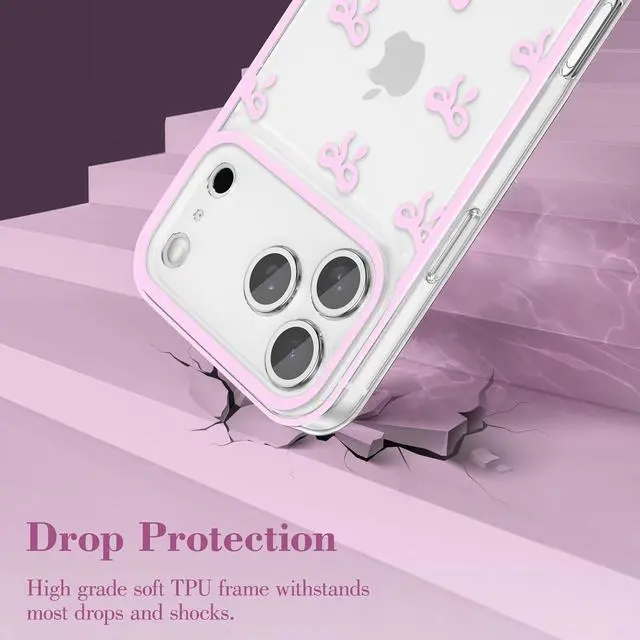 Alt view image 3 of 7 - Case for iPhone 17 Pro Max Clear Cute Ribbon Bowknot Pattern Aesthetic Transparent Phone Case Raised Camera Protection Stylish Slim Soft Durable TPU Protective Cover for Women Girls - Pink