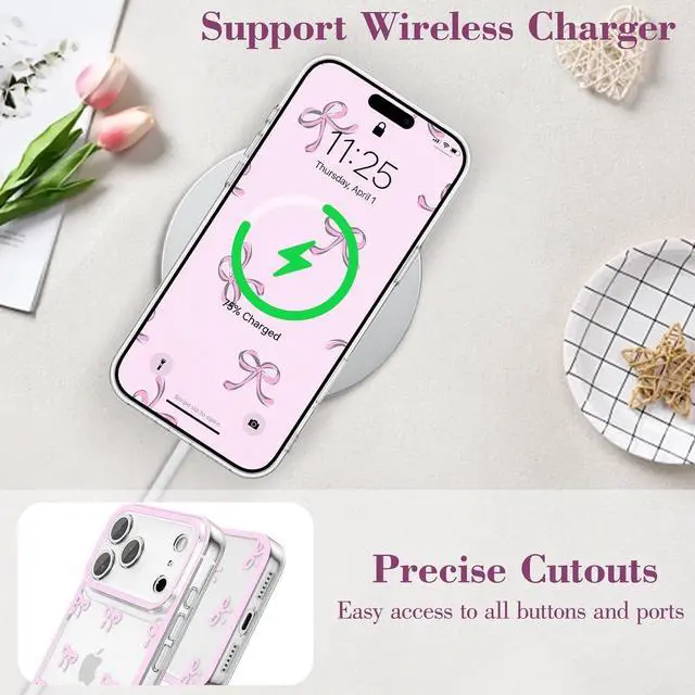 Alt view image 5 of 7 - Case for iPhone 17 Pro Max Clear Cute Ribbon Bowknot Pattern Aesthetic Transparent Phone Case Raised Camera Protection Stylish Slim Soft Durable TPU Protective Cover for Women Girls - Pink