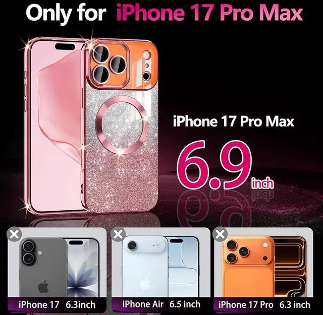 Alt view image 2 of 7 - for iPhone 17 Pro Max Case Compatible with MagSafe Clear Magnetic Glitter Sparkle Luxury Plated Soft TPU Bumper Full Camera Lens Protector for  iPhone 17 Pro Max All Rose Gold