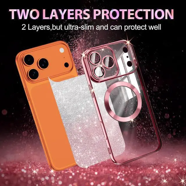 Alt view image 3 of 7 - for iPhone 17 Pro Max Case Compatible with MagSafe Clear Magnetic Glitter Sparkle Luxury Plated Soft TPU Bumper Full Camera Lens Protector for  iPhone 17 Pro Max All Rose Gold