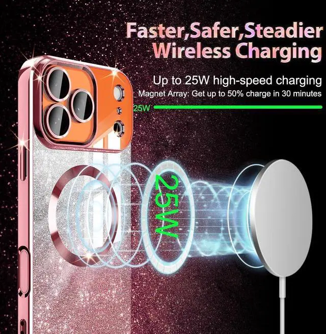 Alt view image 4 of 7 - for iPhone 17 Pro Max Case Compatible with MagSafe Clear Magnetic Glitter Sparkle Luxury Plated Soft TPU Bumper Full Camera Lens Protector for  iPhone 17 Pro Max All Rose Gold