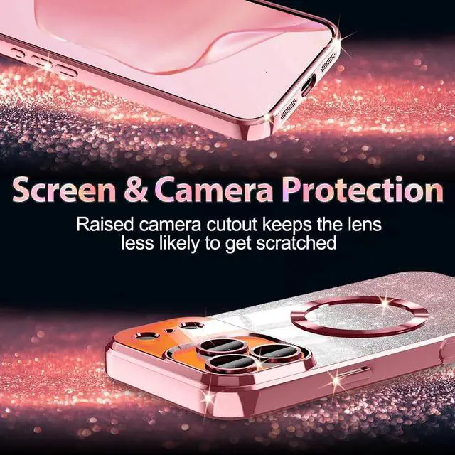 Alt view image 6 of 7 - for iPhone 17 Pro Max Case Compatible with MagSafe Clear Magnetic Glitter Sparkle Luxury Plated Soft TPU Bumper Full Camera Lens Protector for  iPhone 17 Pro Max All Rose Gold
