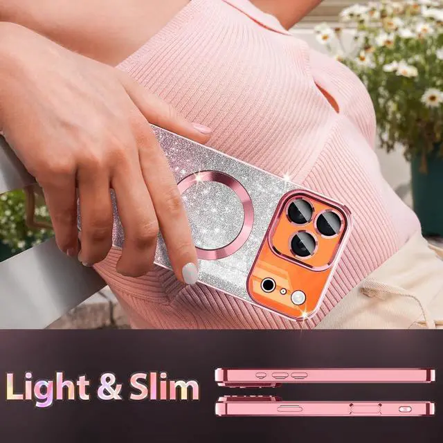 Alt view image 7 of 7 - for iPhone 17 Pro Max Case Compatible with MagSafe Clear Magnetic Glitter Sparkle Luxury Plated Soft TPU Bumper Full Camera Lens Protector for  iPhone 17 Pro Max All Rose Gold