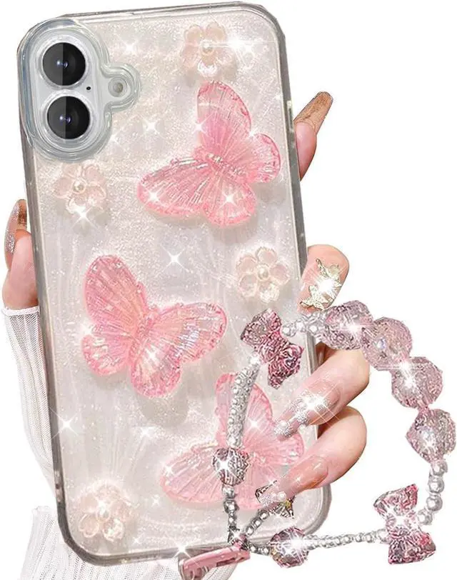 Main image of for iPhone 17 Glitter Butterfly Case Cute Girly 3D Flowers Floral Crystal Pearl Bling Sparkle with Wrist Strap Chain Soft TPU Silicone Aesthetic Women Girls Phone Case for iPhone 17 6.3 Pink