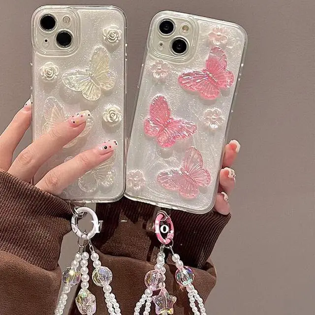 Alt view image 4 of 7 - for iPhone 17 Glitter Butterfly Case Cute Girly 3D Flowers Floral Crystal Pearl Bling Sparkle with Wrist Strap Chain Soft TPU Silicone Aesthetic Women Girls Phone Case for iPhone 17 6.3 Pink