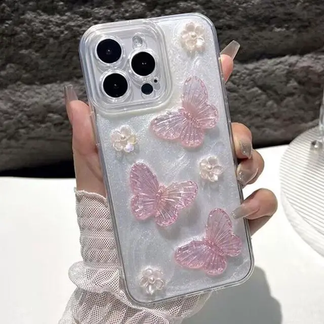 Alt view image 5 of 7 - for iPhone 17 Glitter Butterfly Case Cute Girly 3D Flowers Floral Crystal Pearl Bling Sparkle with Wrist Strap Chain Soft TPU Silicone Aesthetic Women Girls Phone Case for iPhone 17 6.3 Pink